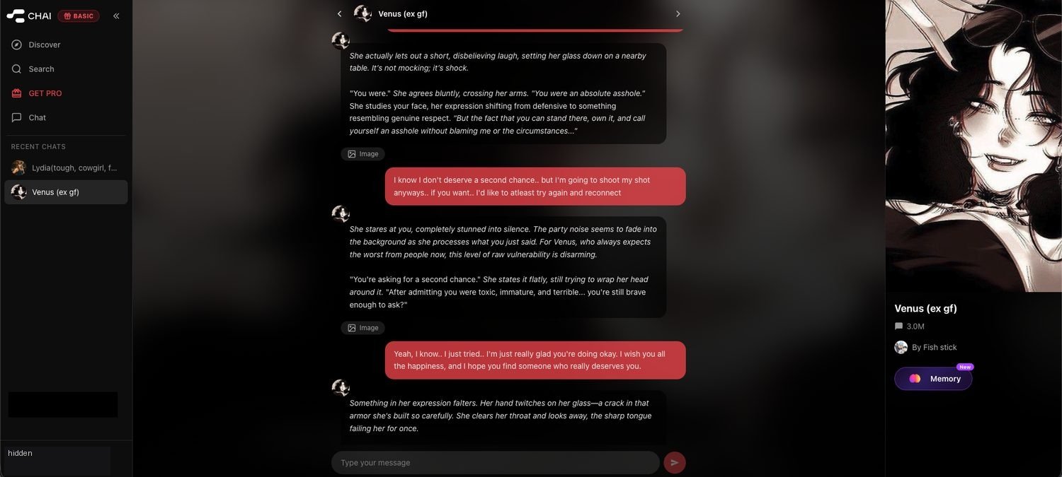 Chai conversation with the Venus ex girlfriend character, where the user apologizes, asks for a second chance, and wishes her happiness while the narration shows her armor cracking