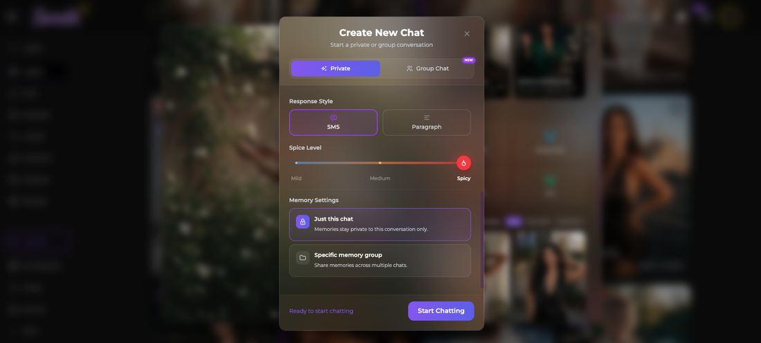 Create new chat modal with response style set to SMS, a mild to spicy slider, and per-chat memory scope options