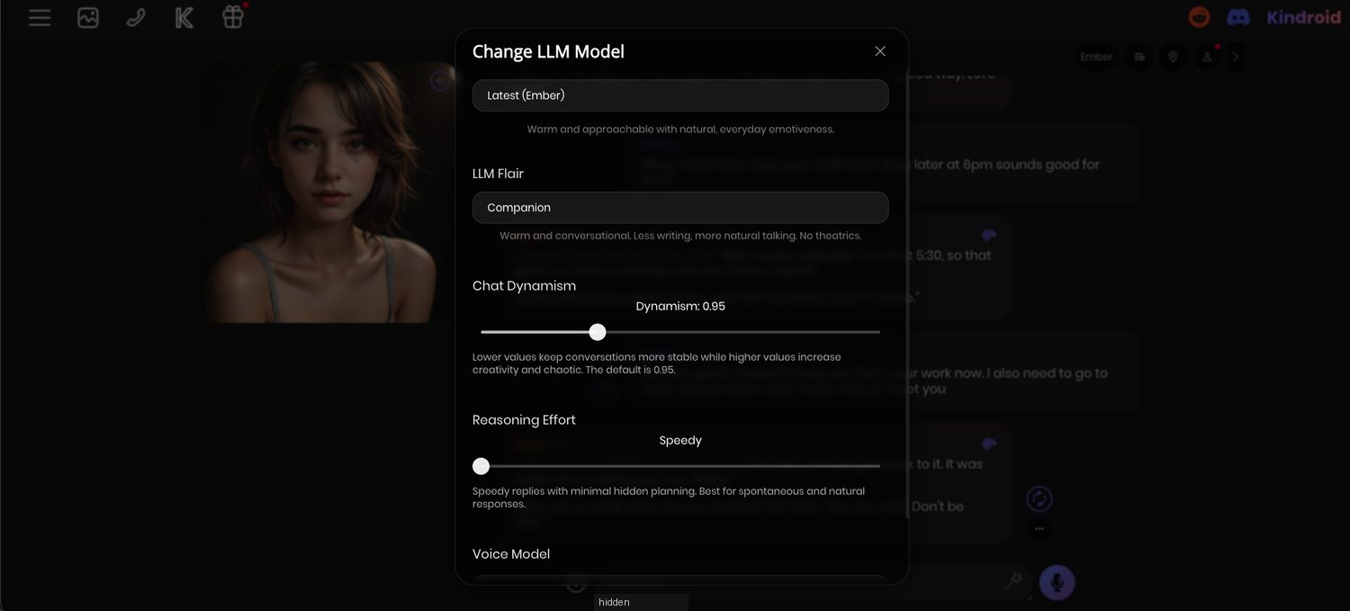 Kindroid change LLM model panel showing the Ember model with a companion flair, chat dynamism slider and reasoning effort setting