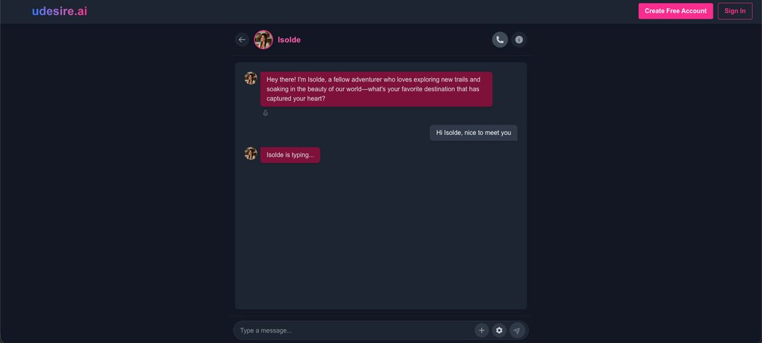 A logged-out uDesire AI chat with Isolde: her opening message about exploring new trails, my hello, and Isolde is typing