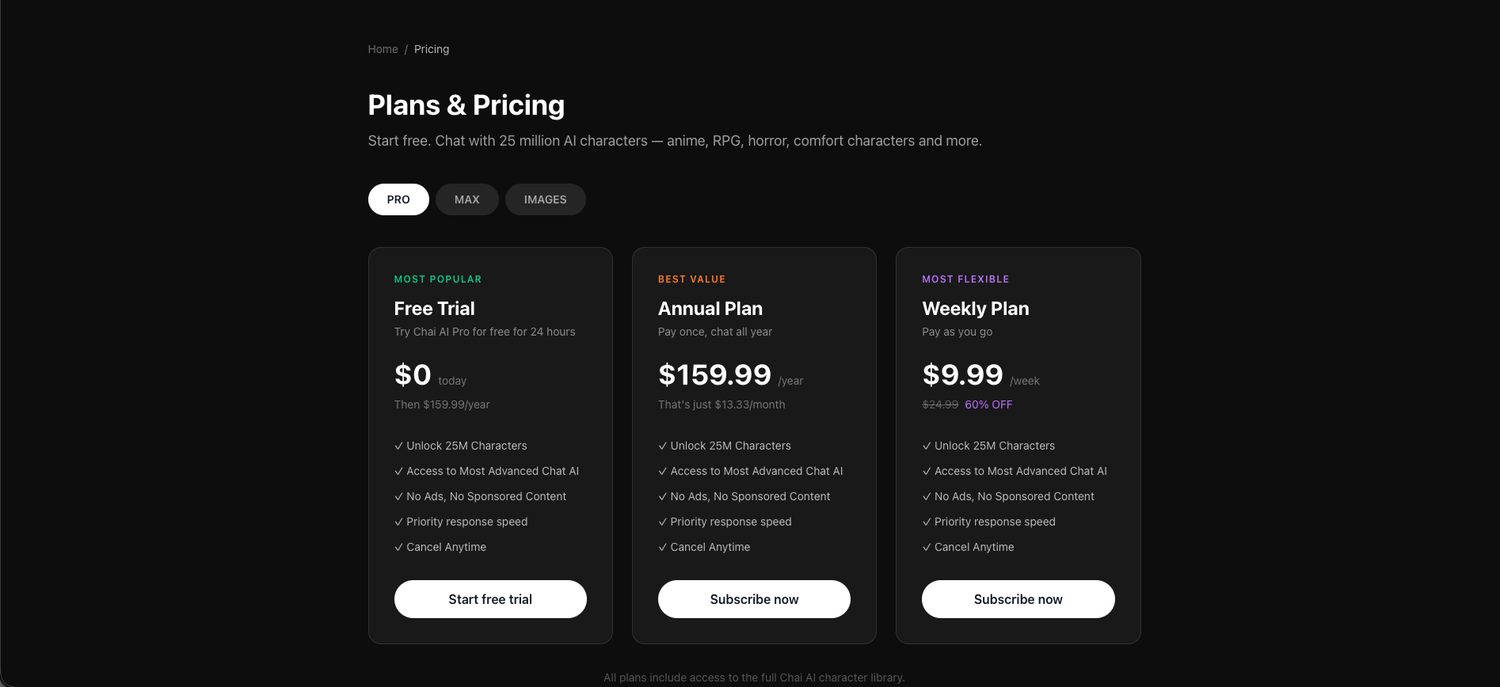 Chai pricing page showing a 24 hour free trial, a 159.99 dollar annual plan and a 9.99 dollar weekly plan at 60 percent off