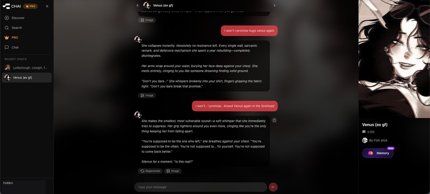 Chai Pro conversation where Venus the ex girlfriend character finally forgives the user, clinging to him and asking is this real