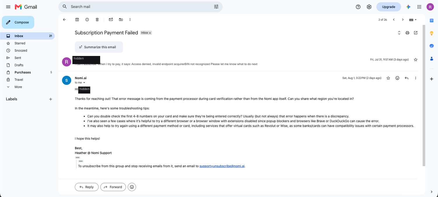 Email thread with Nomi support about the acquirerBIN payment error, with troubleshooting tips about card digits, browser extensions and virtual cards