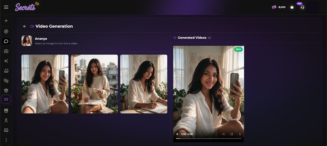 Video generation screen with three source images of Ananya, a generated video preview, and a balance of 8,000 moments