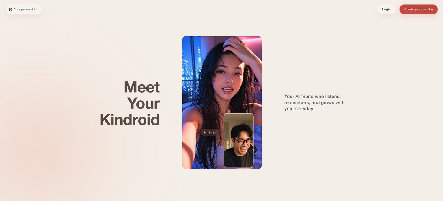 Kindroid homepage with the headline Meet Your Kindroid and the tagline your AI friend who listens, remembers, and grows with you everyday