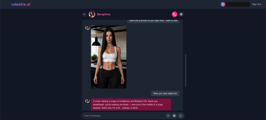 A uDesire AI chat with Seraphina: a generated photo of her in a white crop top and black leggings in a kitchen, then her reply about being sweaty from yoga