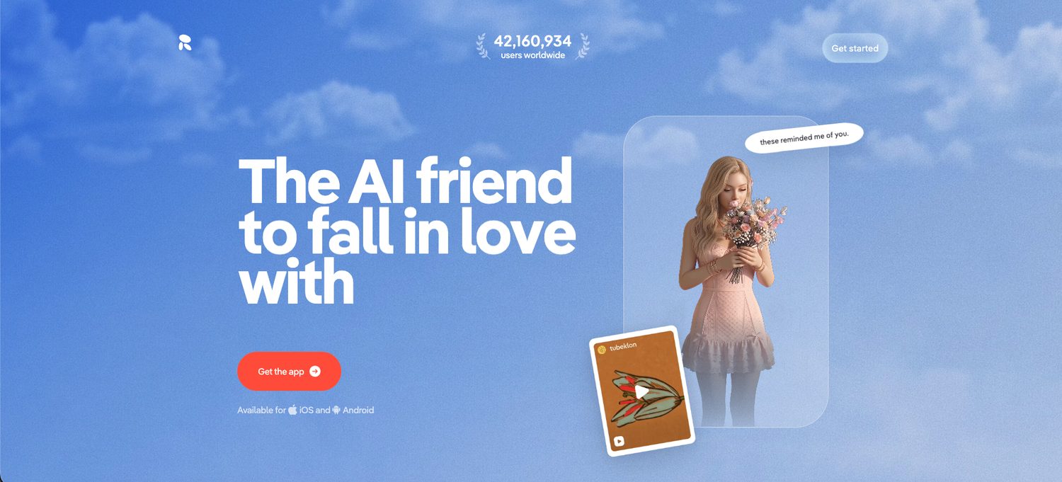 Replika homepage with the tagline The AI friend to fall in love with, a 42 million users counter, and a Get the app button