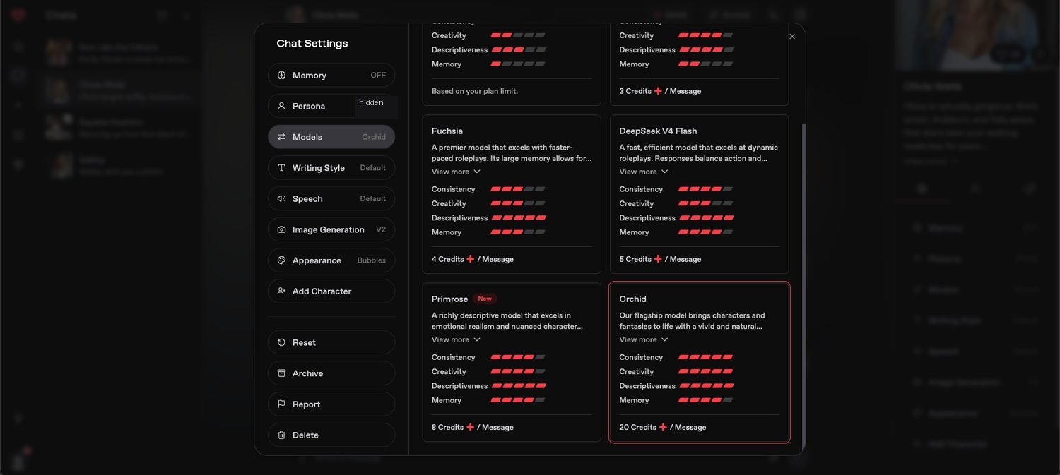 Nectar AI model menu showing tiers from 3 credits per message up to the flagship Orchid model at 20 credits per message