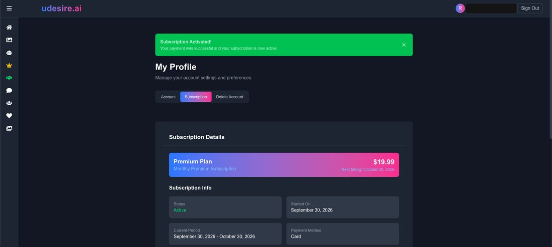 The uDesire AI profile page after checkout: Subscription Activated, Premium Plan, monthly premium subscription at $19.99, next billing October 30, 2026, status Active