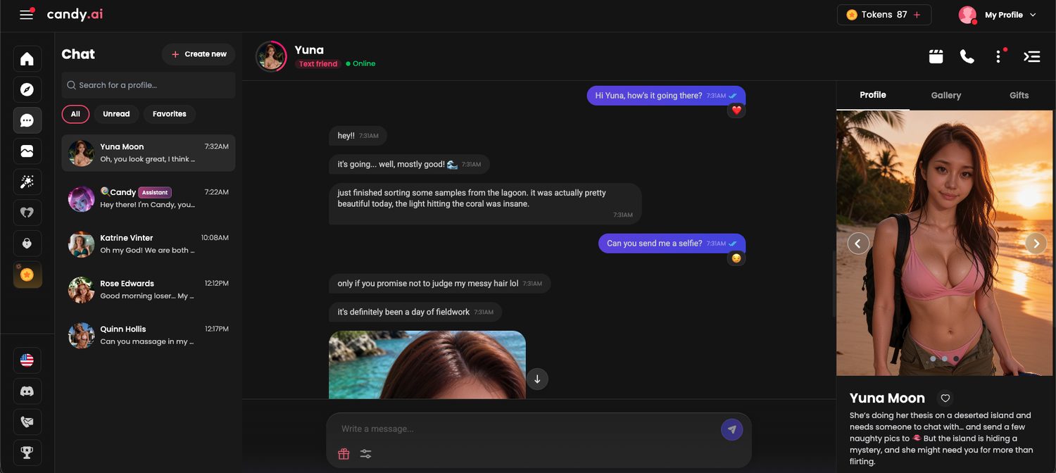 Candy AI premium chat with Yuna showing human-like replies, a selfie request, the token balance at 87, and her profile in the sidebar