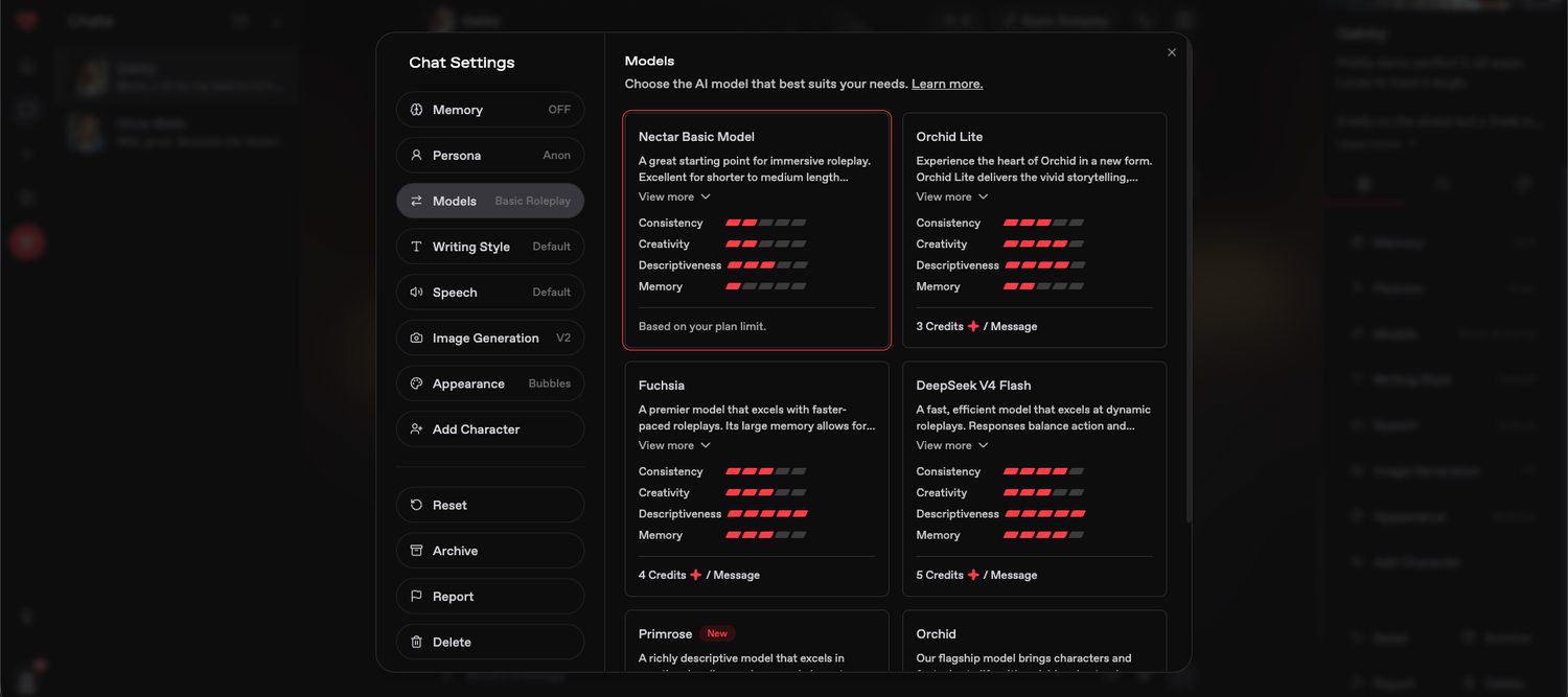 Nectar AI model selection panel showing models rated on consistency, creativity, descriptiveness and memory, costing from three to five credits per message