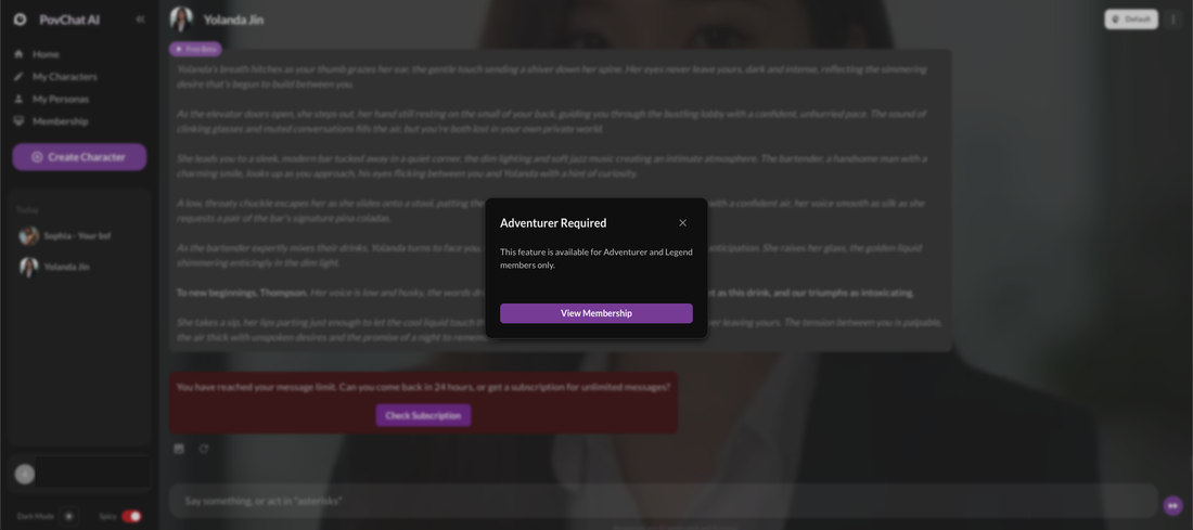The Adventurer Required dialog over the message-limited Yolanda chat