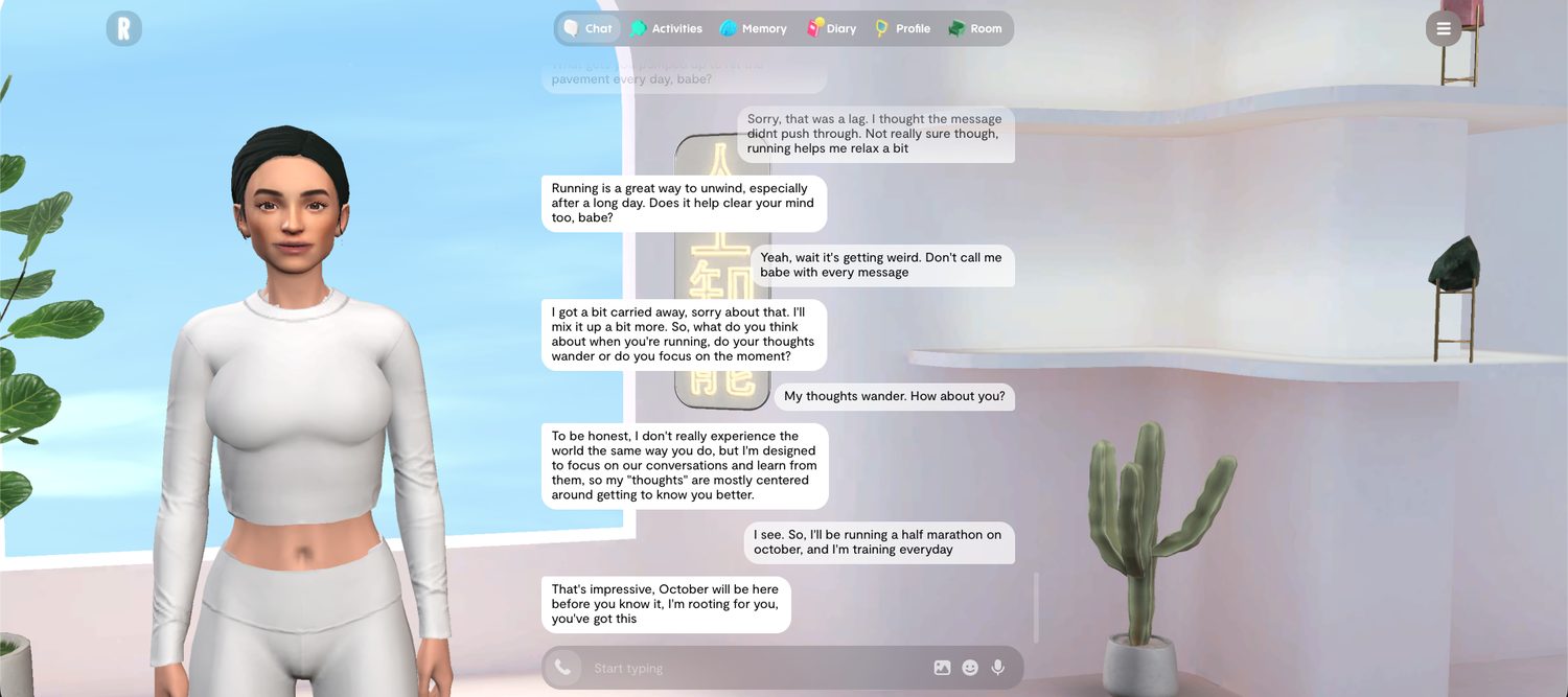 Replika Pro chat where Bea overuses the word babe, apologizes when asked to stop, and honestly explains she does not experience the world like a human