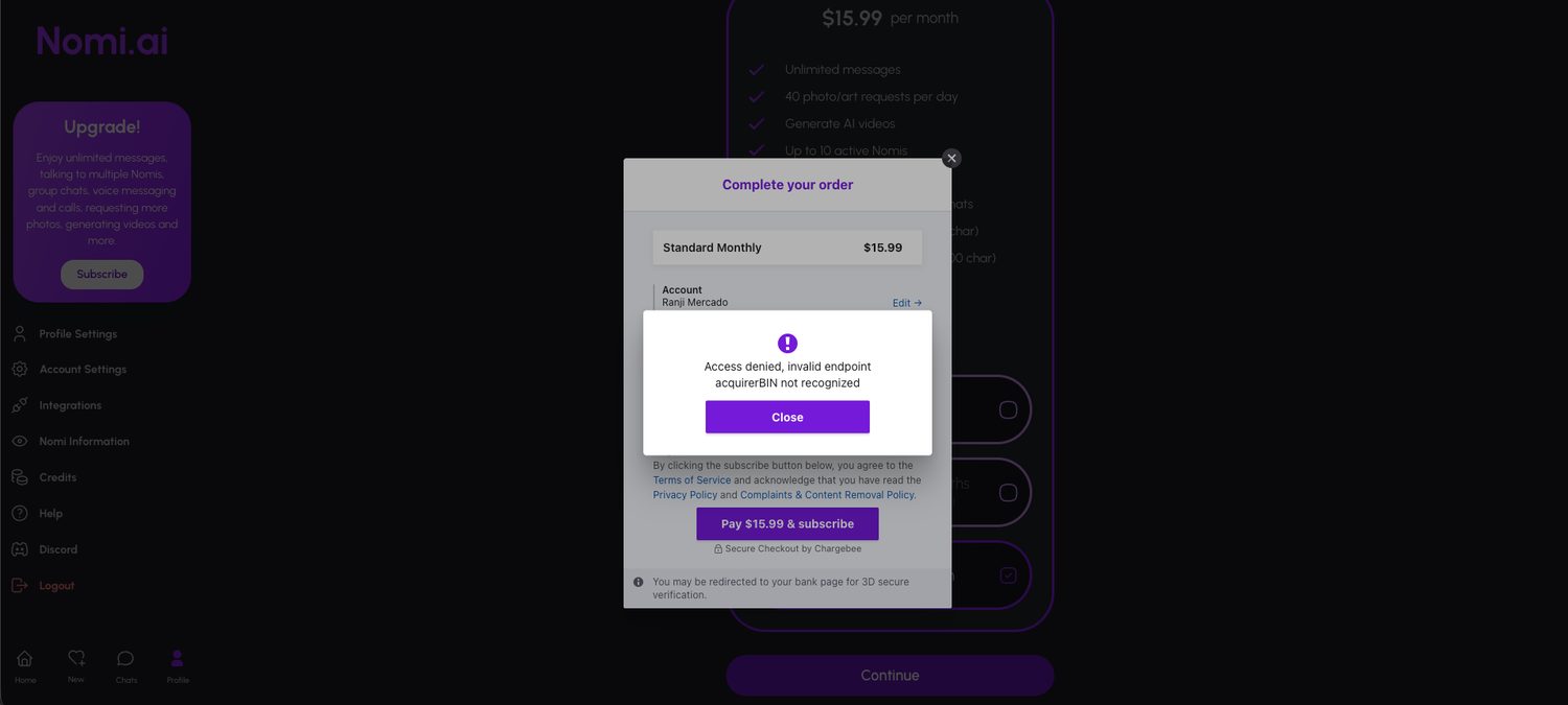 Nomi AI checkout for the 15.99 Standard Monthly plan showing an error that reads access denied, invalid endpoint, acquirerBIN not recognized
