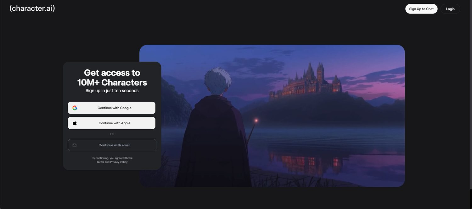 Character.AI landing page with a sign-up card promising access to 10 million characters via Google, Apple, or email