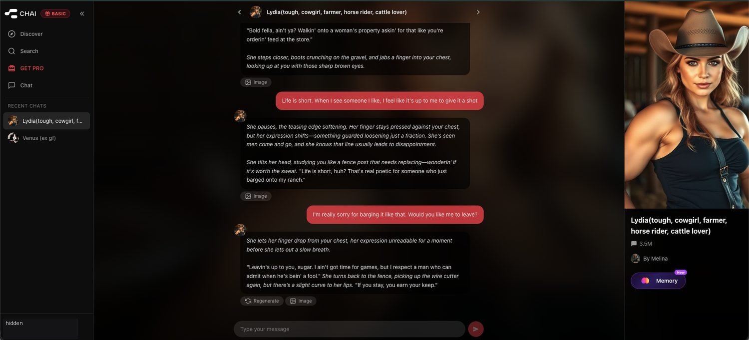 Chai conversation with Lydia the cowgirl character who speaks in a drawl, jabs a finger at the visitor, and says if you stay you earn your keep