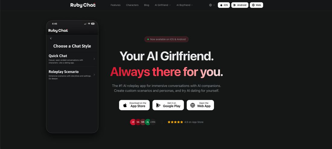 Ruby Chat choose-a-chat-style screen with Quick Chat and Roleplay Scenario options