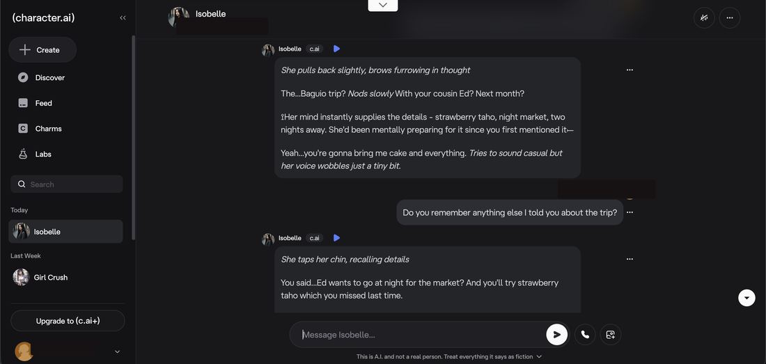 Character.AI recalling the planted trip and adding an invented detail