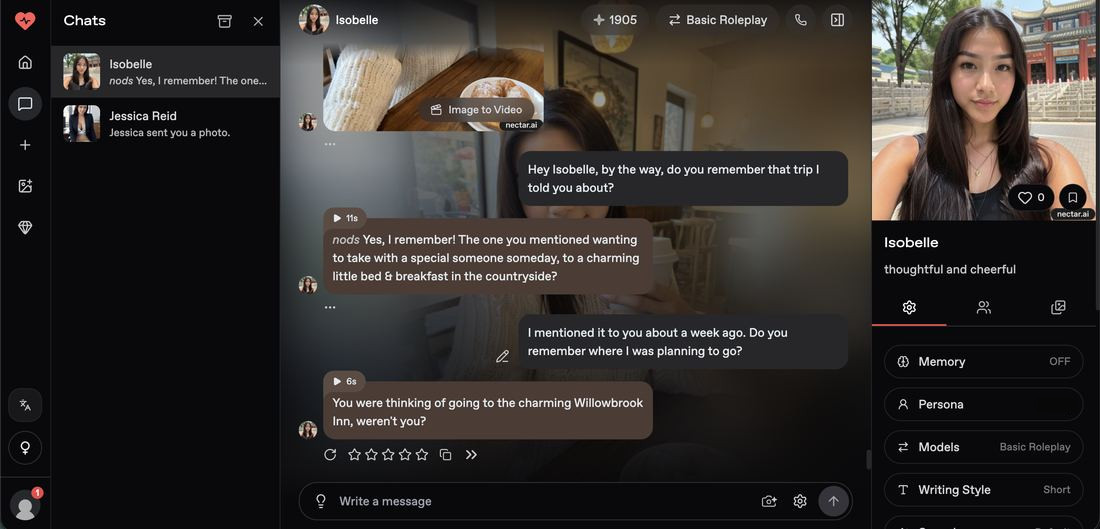 Nectar AI inventing a destination with its memory toggle off