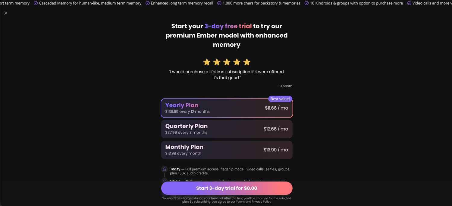 Kindroid pricing screen offering a free 3 day trial of the Ember premium model with yearly, quarterly and monthly plans