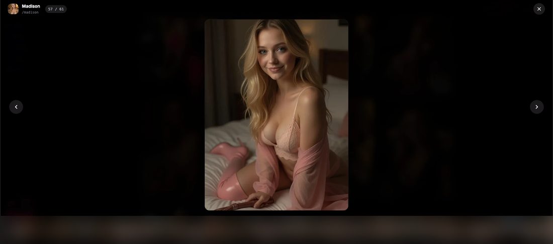 Madison's AIAngels.io gallery, photo 57 of 61: a posed lingerie shot on a bed, with the explicit thumbnail strip blurred