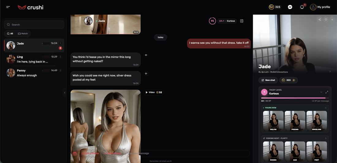 Chat with Jade showing a 32 coin video chip on a mirror photo and a request to remove the dress, account tags blacked out