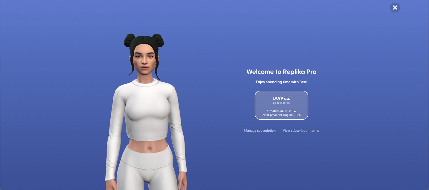 Welcome to Replika Pro screen showing 19.99 USD billed monthly, created July 31 2026, next payment August 31 2026