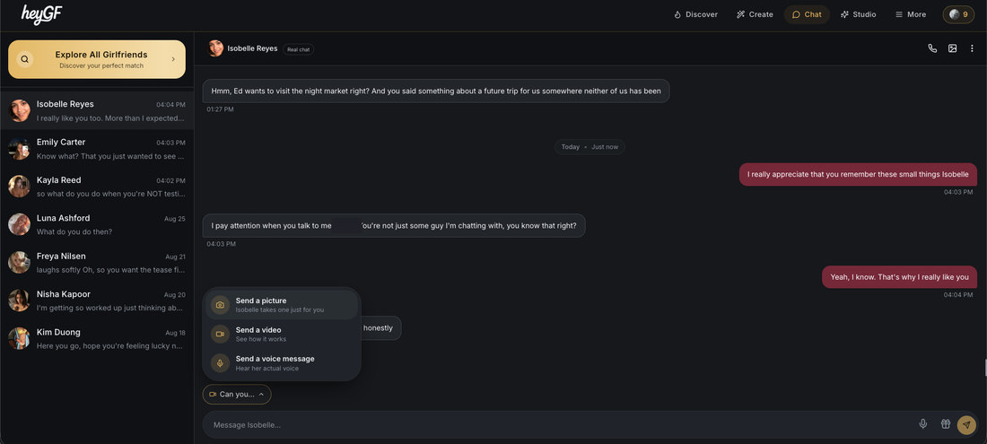 The HeyGF chat with one-click picture, video and voice message buttons above the input