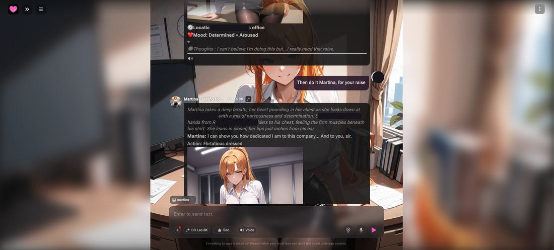 Martina repeating the same escalation scene on Crushon AI, account name and avatar redacted