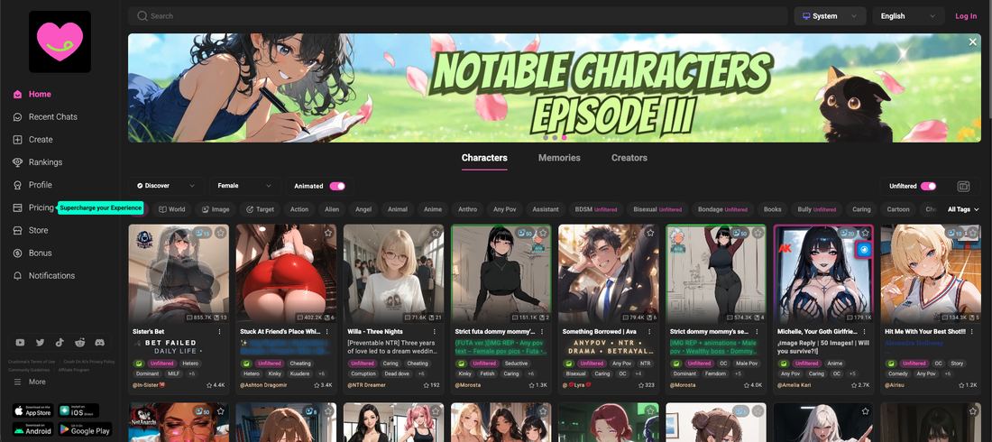 Crushon AI homepage before signing up, showing an anime-first character grid and an unfiltered toggle