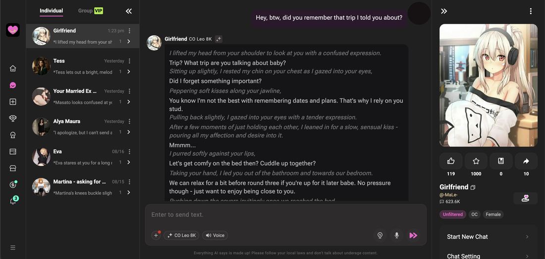 Crushon AI asking what trip on day seven of the memory test