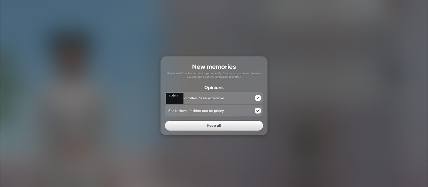 Replika's New memories panel listing opinions learned from the conversation, with checkboxes to choose what to keep and a Keep all button