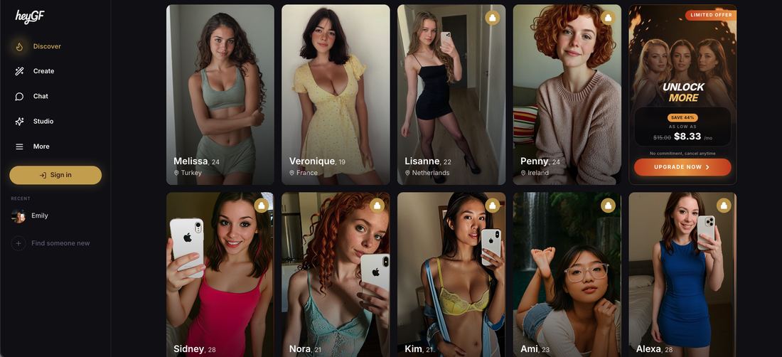 HeyGF.ai Discover grid of companion profiles, each card showing a name, an age and a country