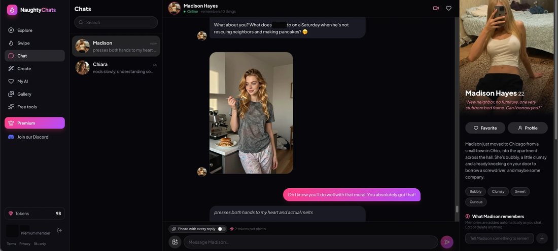 A NaughtyChats chat where Madison Hayes sends a photo of herself in a kitchen eating pancakes next to an espresso machine, with remembers 10 things under her name