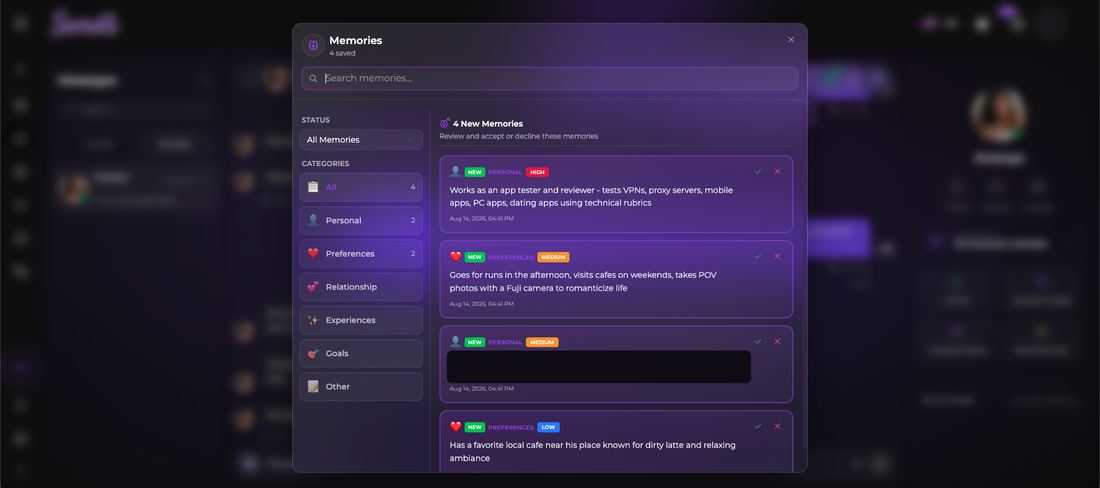 Memories panel on a free account listing four new proposed memories, each with an accept and a decline control, one card blacked out