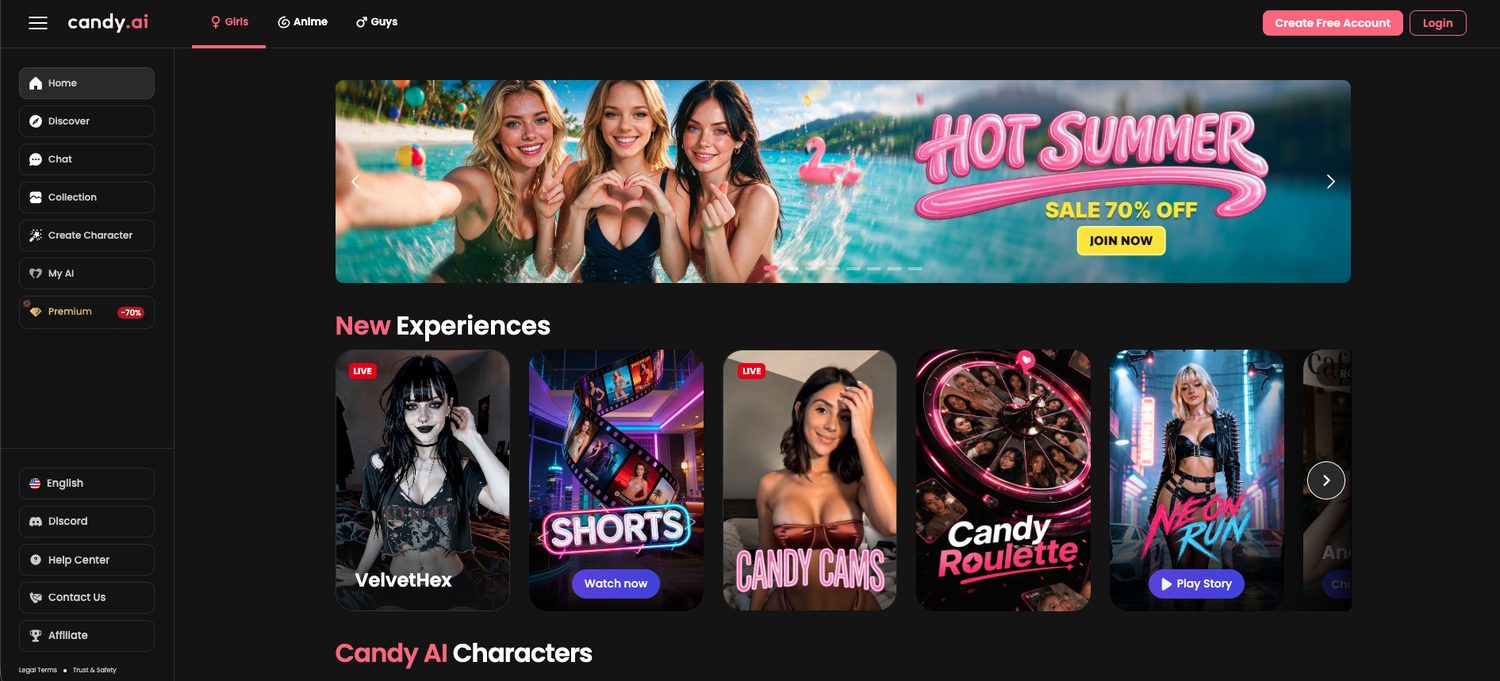 Candy AI homepage before signing up, with promo banner, shorts feed, and character grid