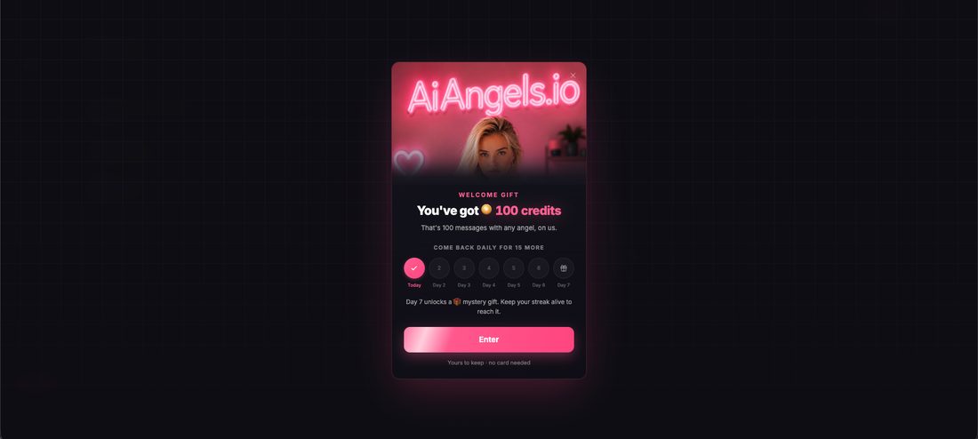 The AIAngels.io welcome gift card: you've got 100 credits, come back daily for 15 more, day 7 unlocks a mystery gift