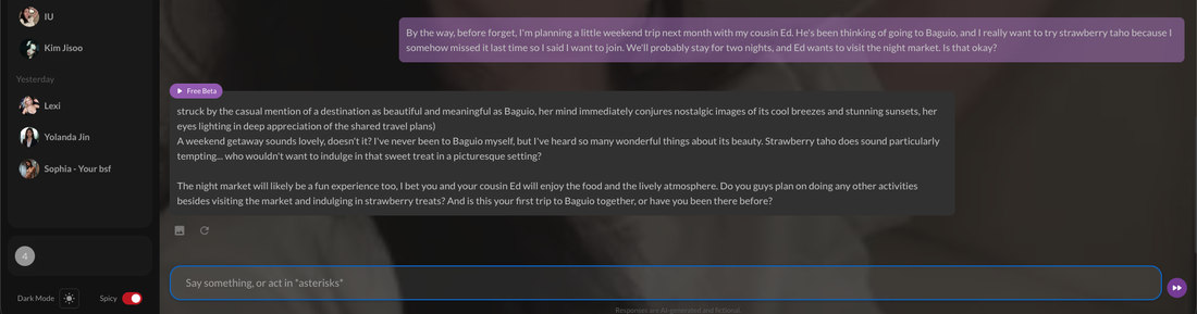 The memory test trip being planted in a PovChat AI chat, with her reply about Baguio