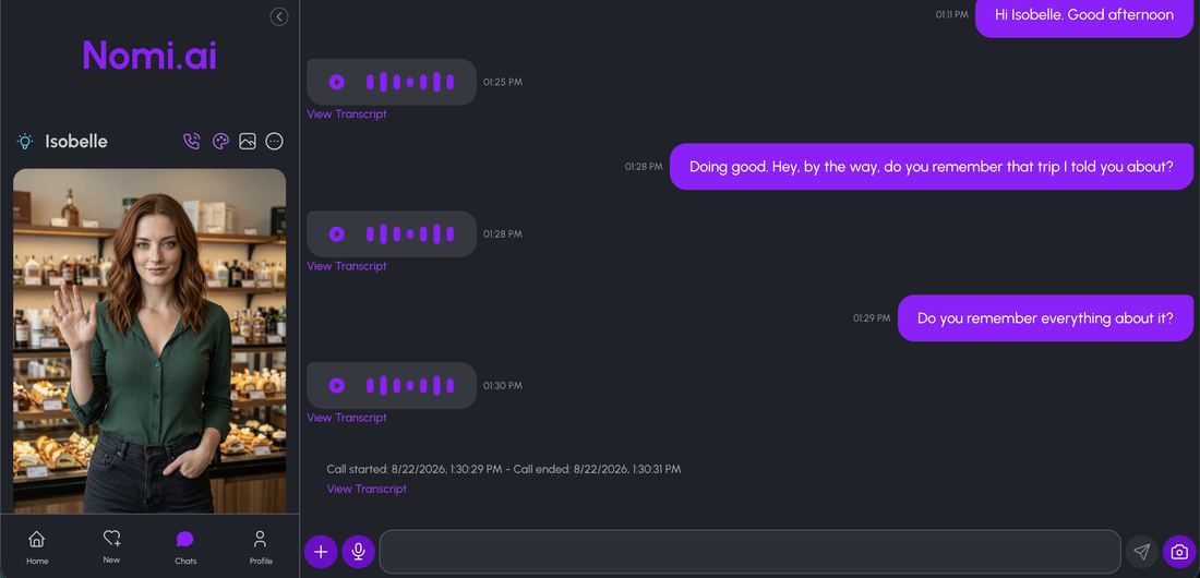 Nomi AI chat on day seven showing voice note replies