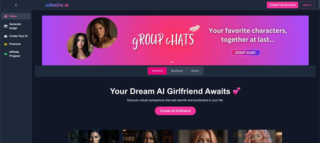 The uDesire AI homepage logged out: a short sidebar, a Group Chats banner, Girlfriend, Boyfriend and Anime tabs, and a Create AI Girlfriend button