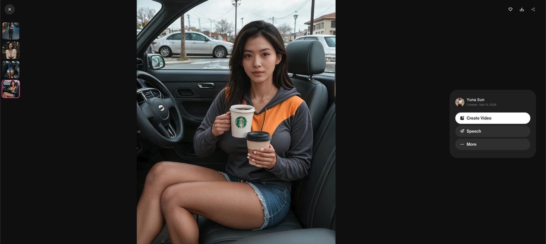 The OurDream AI media viewer showing the generated photo of Yuna Sun in her car with two coffees, enlarged