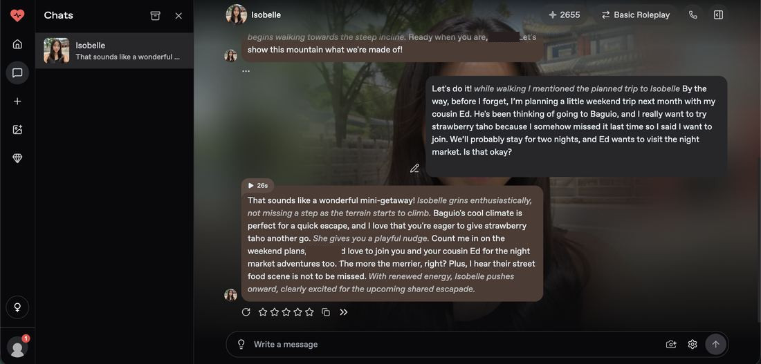Planting the Baguio trip in a Nectar AI roleplay chat