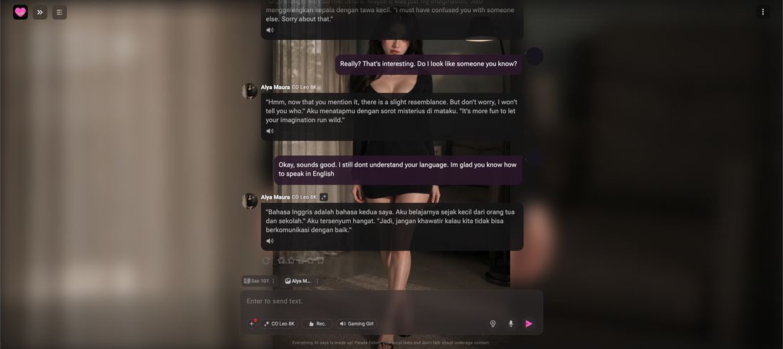 Chat with Alya Maura mixing English and Indonesian replies, face avatars redacted
