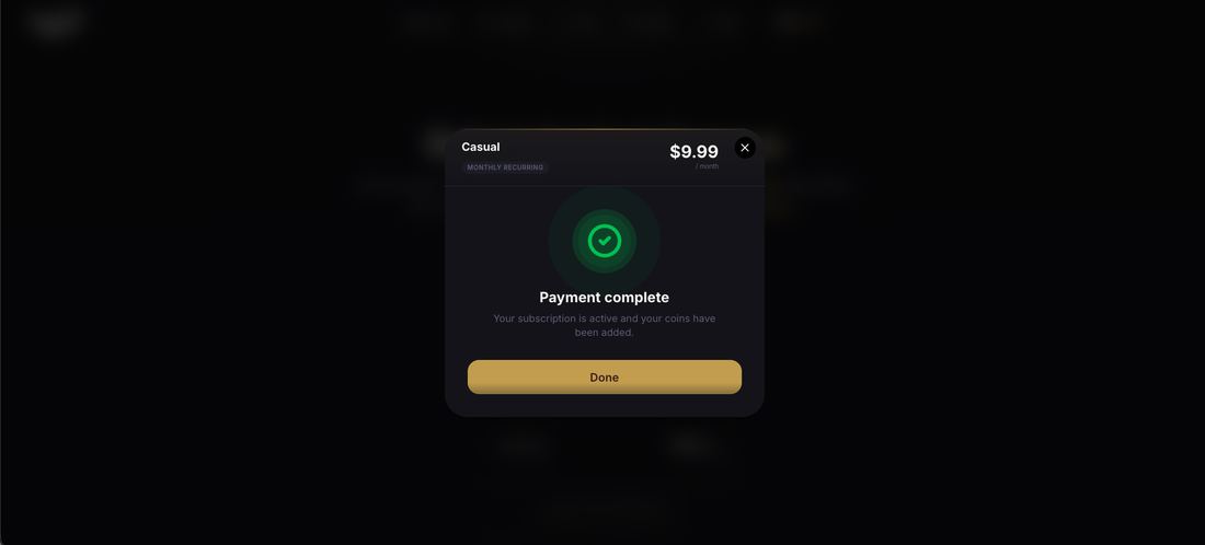 Payment complete confirmation for the Casual plan at 9.99 dollars a month, monthly recurring