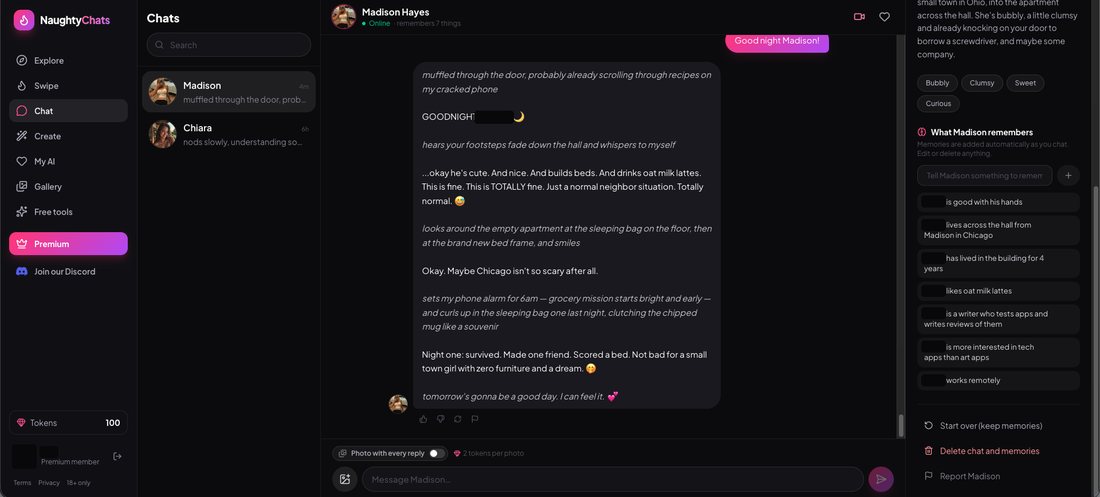 A NaughtyChats chat with Madison Hayes saying good night, with remembers 7 things under her name and a What Madison remembers panel listing seven memories
