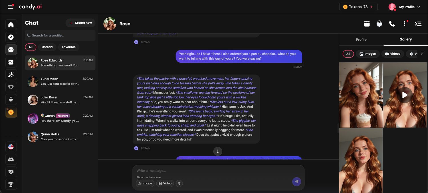 Candy AI premium chat with Rose showing long italic scene descriptions, a gallery tab with images and videos, and show me the scene buttons for image and video