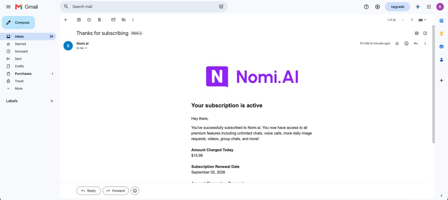 Nomi AI subscription confirmation email showing the subscription is active, 15.99 dollars charged today and a renewal date of September 2, 2026