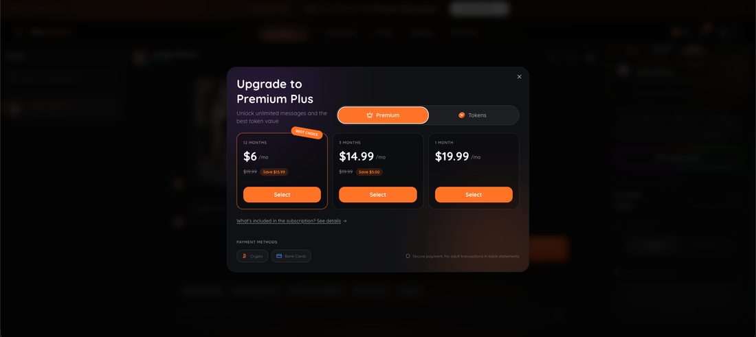 The My Lovely AI Upgrade to Premium Plus modal: 12 months at $6 a month, 3 months at $14.99 a month, 1 month at $19.99, with crypto and bank card payment