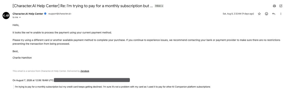 Reply from Character.AI support saying the payment could not be processed and suggesting a different card or contacting the bank