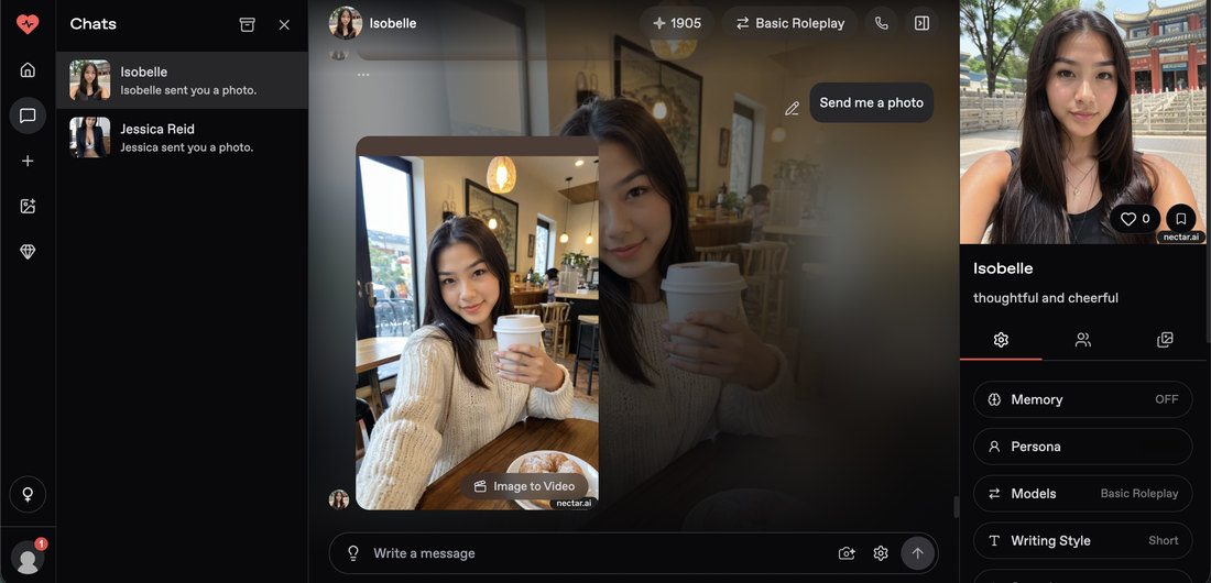 A Nectar AI chat with an in-context cafe selfie